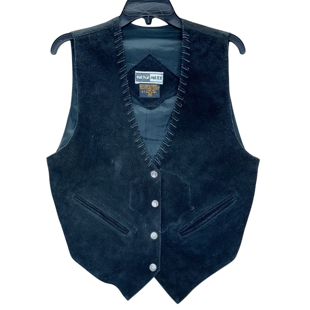 Mona Mode Black Suede Leather Vest Western‎ Whipstitch Star Button Vintage M